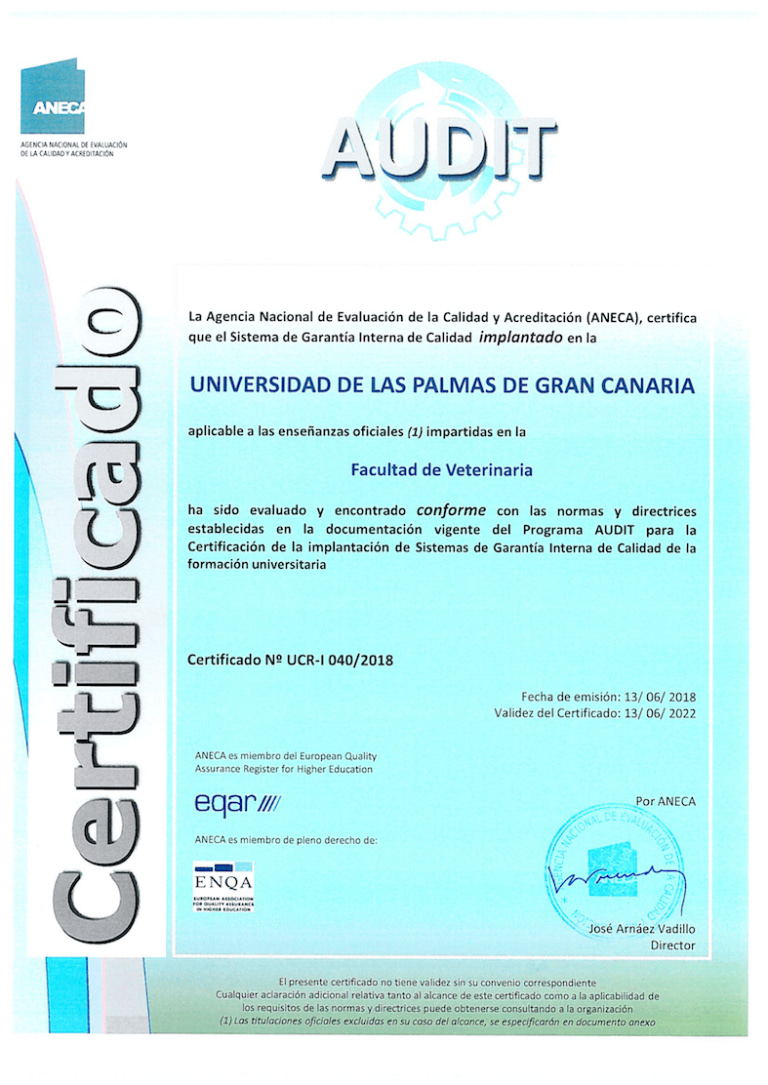 Certificado AUDIT ULPGC Facultad Veterinaria